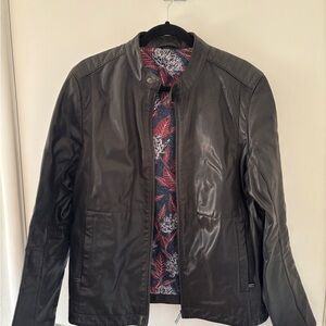 Ted Baker Black Leather Bomber Jacket with Printed Lining